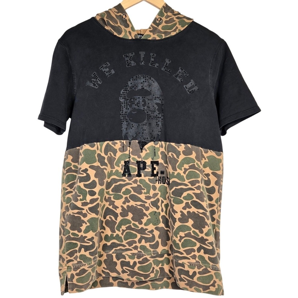 Hudson Outerwear‎ APE Camo Shark Face Short Sleeve Hoodie Black Camouflage Men M